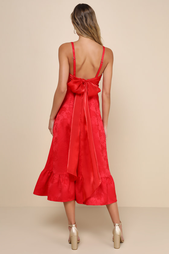 Lulus Major Perfection Red Floral Jacquard Midi Dress With Pockets In Red