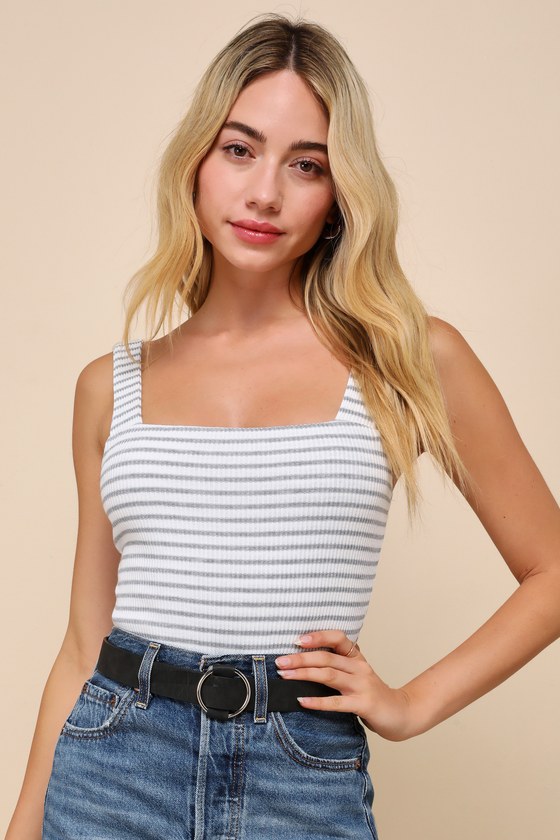 Lulus Casual Adventures Ivory Striped Ribbed Sleeveless Bodysuit In Ivory