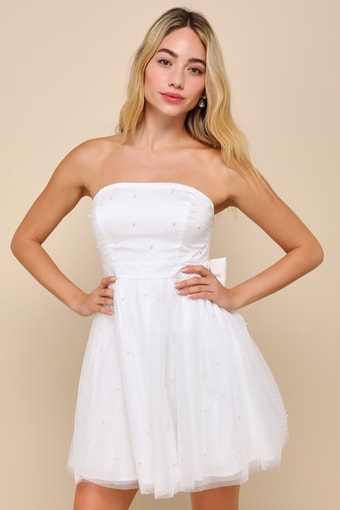 Stunning Time White Tulle Pearl Strapless Bow Mini Dress
