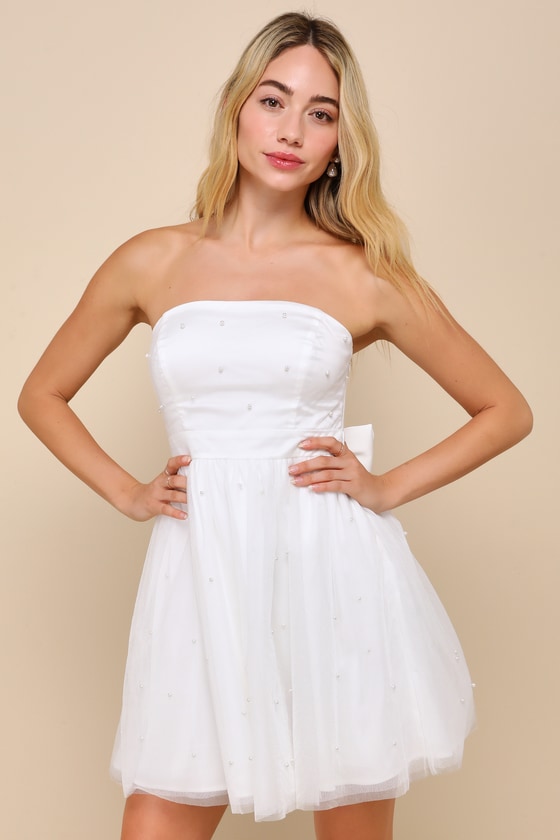 White Tulle Mini Dress - Pearl Mini Dress - White Skater Dress - Lulus