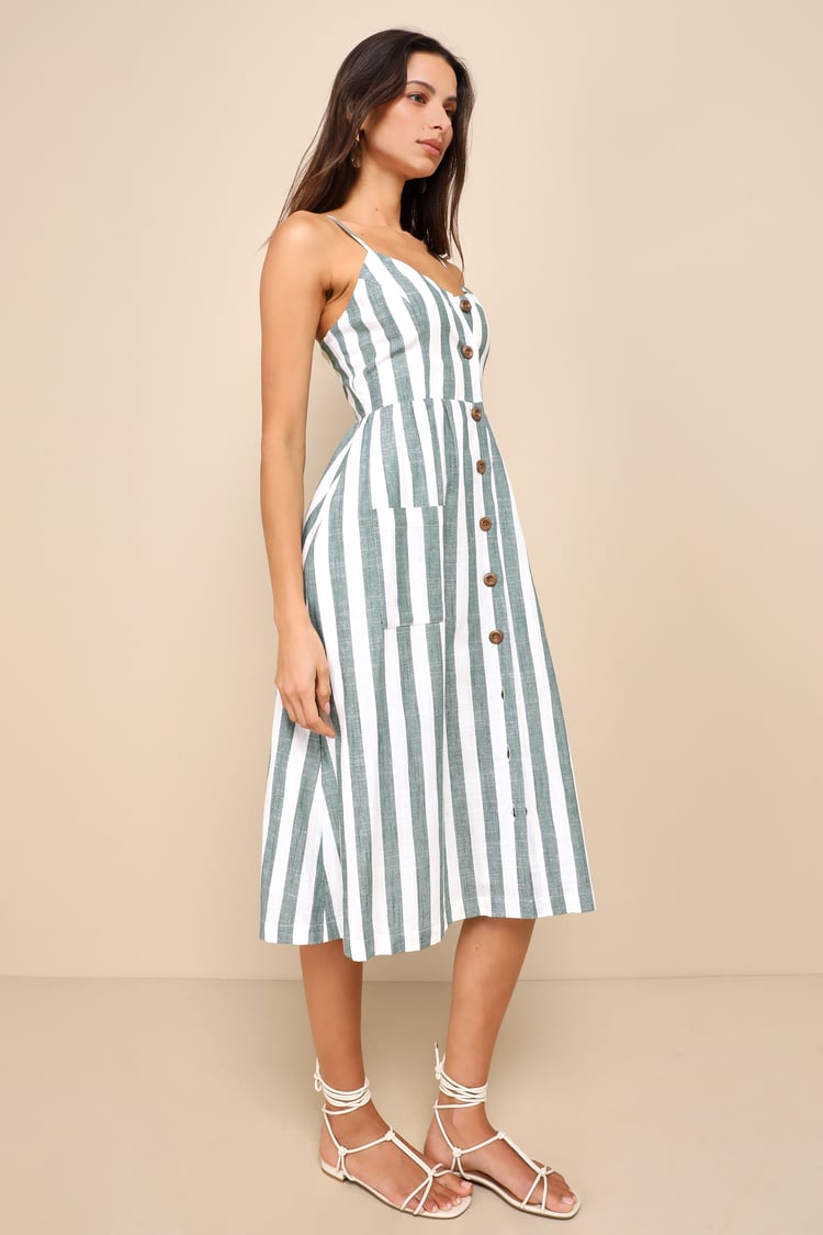 Marseille Mood Green Striped Linen Midi Dress With Pockets