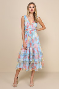 Perfectly Divine Blue Floral Tulle Tiered Ruffled Midi Dress