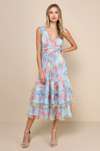 Perfectly Divine Blue Floral Tulle Tiered Ruffled Midi Dress 1