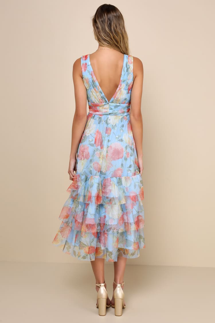 Perfectly Divine Blue Floral Tulle Tiered Ruffled Midi Dress