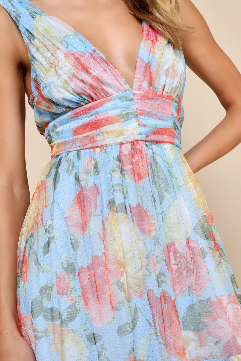 Perfectly Divine Blue Floral Tulle Tiered Ruffled Midi Dress