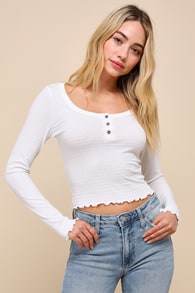 Everyday Instinct White Cropped Pointelle Long Sleeve Henley Top