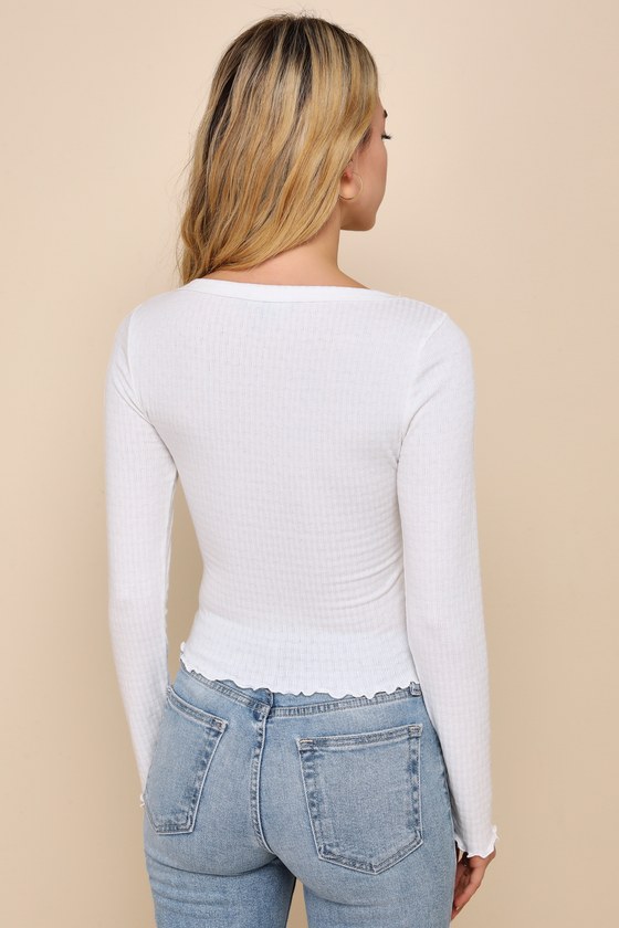 Everyday Instinct White Cropped Pointelle Long Sleeve Henley Top 3