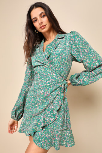 Totally Cute Time Green Floral Collared Wrap Mini Dress 1