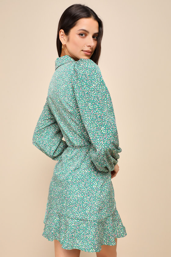 Totally Cute Time Green Floral Collared Wrap Mini Dress 2