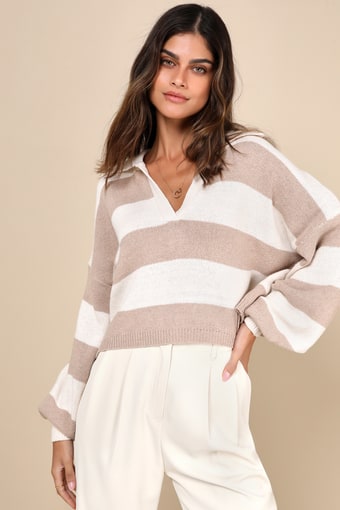 Sweet Cuddles Light Brown and Ivory Striped Collared Sweater