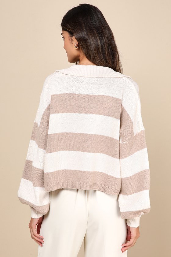 Lulus Sweet Cuddles Light Brown And Ivory Striped Collared Sweater In Light Brown
