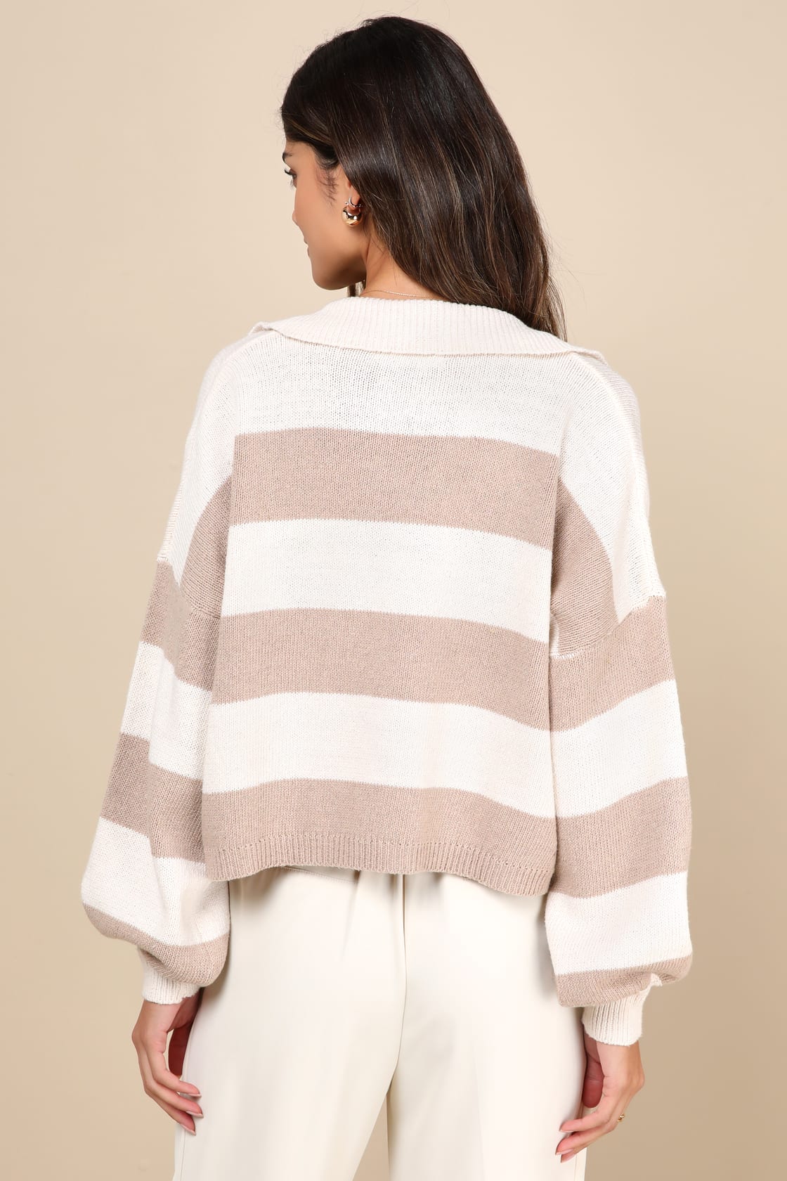 Sweet Cuddles Light Brown and Ivory Striped Collared Sweater