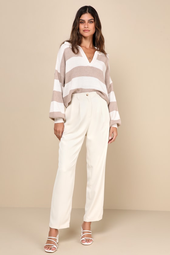 Lulus Sweet Cuddles Light Brown And Ivory Striped Collared Sweater In Light Brown