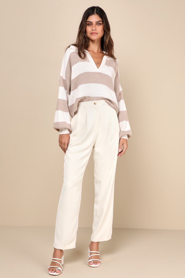 Sweet Cuddles Light Brown and Ivory Striped Collared Sweater