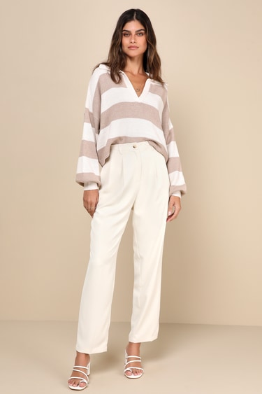 Sweet Cuddles Light Brown and Ivory Striped Collared Sweater