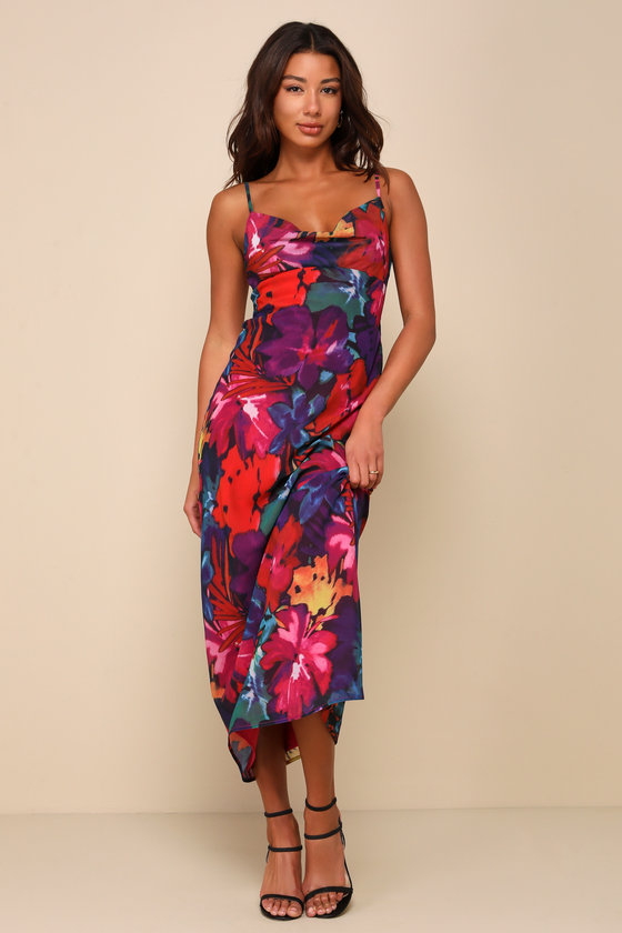 Lulus Meant To Amaze Black Multi Abstract Floral Cowl Slip Maxi Dress