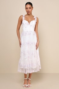 Distinctly Sweet White Floral Embroidered Tie-Strap Midi Dress