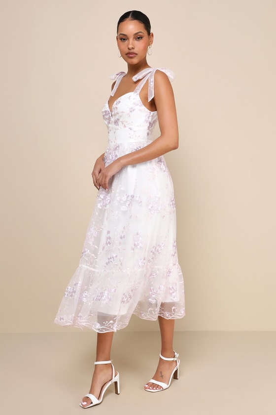 Lulus Distinctly Sweet White Floral Embroidered Tie-strap Midi Dress In White