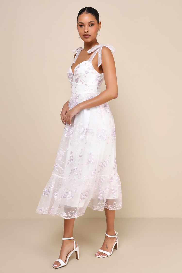 Distinctly Sweet White Floral Embroidered Tie-Strap Midi Dress