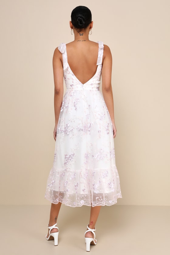 Lulus Distinctly Sweet White Floral Embroidered Tie-strap Midi Dress In White