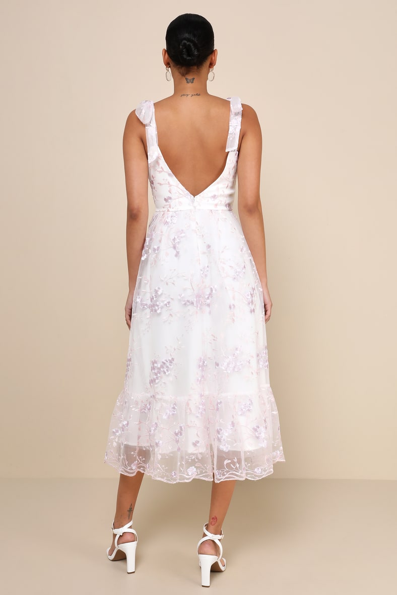 Distinctly Sweet White Floral Embroidered Tie-Strap Midi Dress