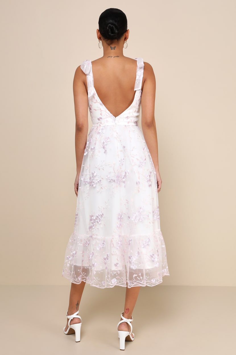 Distinctly Sweet White Floral Embroidered Tie-Strap Midi Dress