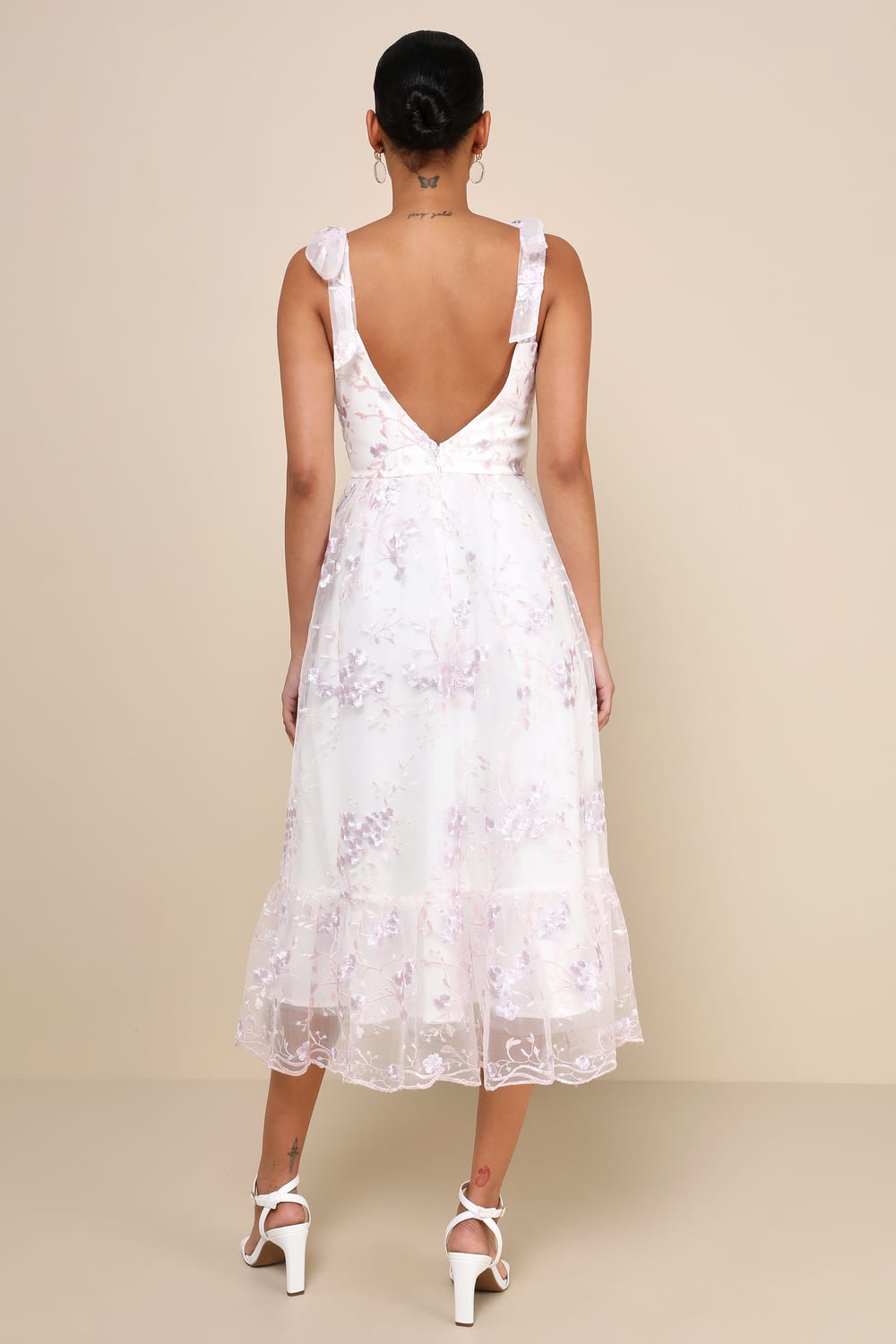 Distinctly Sweet White Floral Embroidered Tie-Strap Midi Dress
