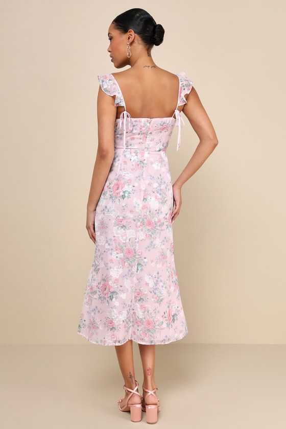 Lulus Delightful Direction Blush Floral Ruffled Tie-strap Midi Dress In Pink