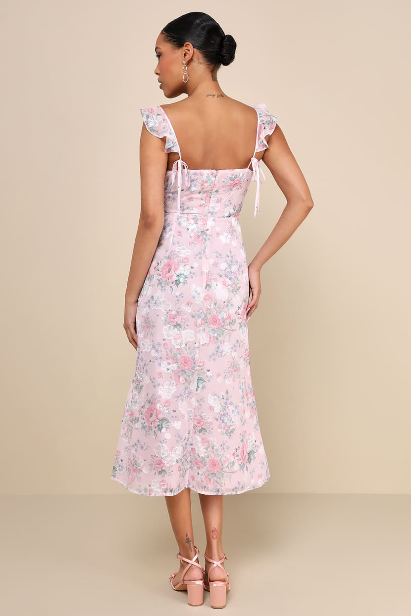 Delightful Direction Blush Floral Ruffled Tie-Strap Midi Dress