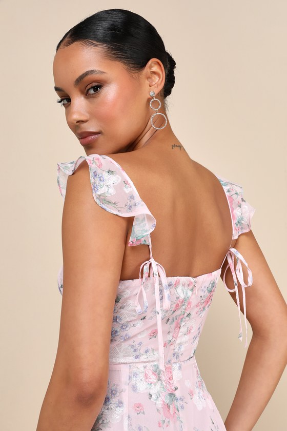 Lulus Delightful Direction Blush Floral Ruffled Tie-strap Midi Dress In Pink