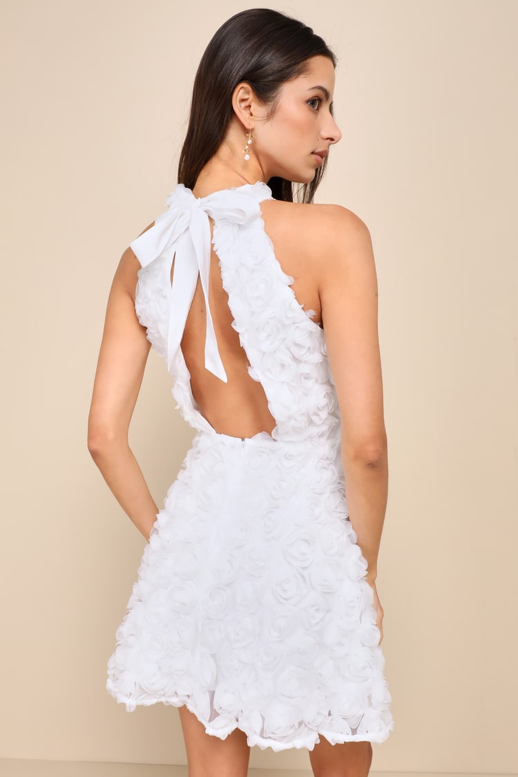 Beloved Blossoming White 3D Floral Halter Backless Mini Dress