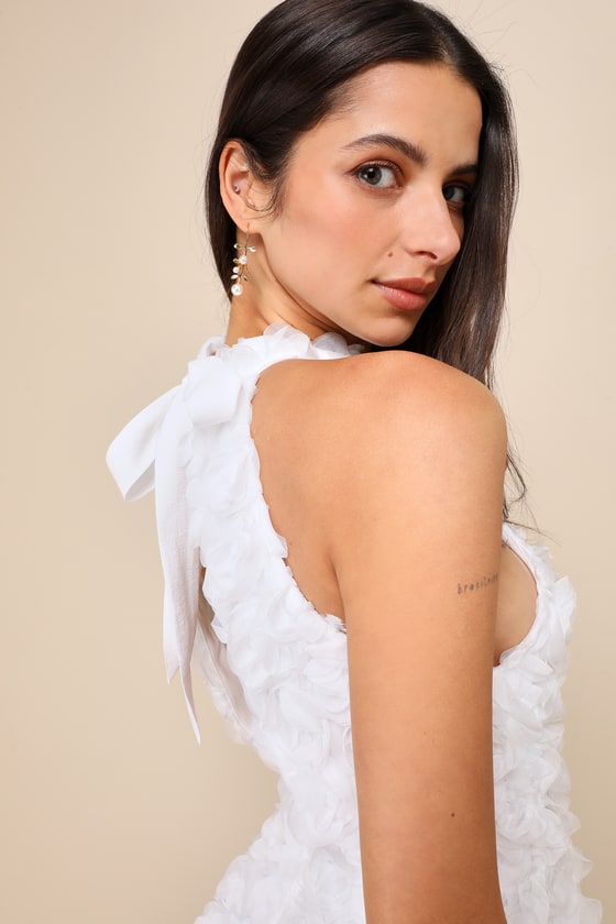 Lulus Beloved Blossoming White 3d Floral Halter Backless Mini Dress In White