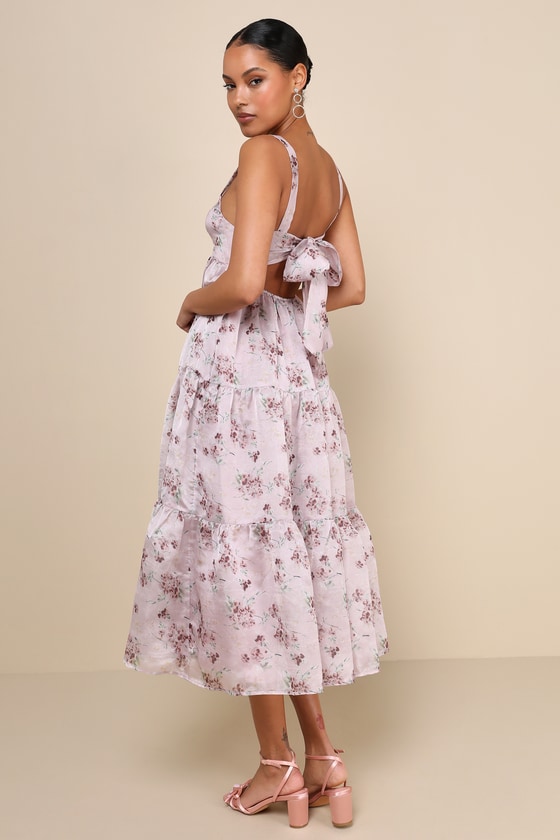 Lulus Marvelously Darling Mauve Floral Tiered Backless Midi Dress In Mauve