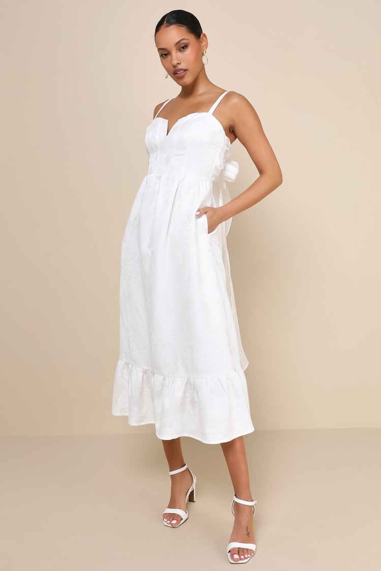 knee length dresses for ladies Sandrine Jacquard Midi Dress in Ivory Poppy Jacquard Champagne