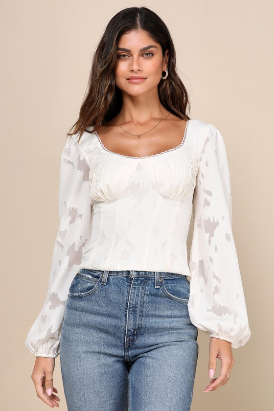 Lulus Romantic Direction Ivory Burnout Pleated Balloon Sleeve Top