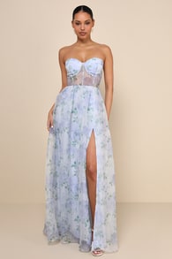 Charming Sweetness Periwinkle Floral Organza Bustier Maxi Dress