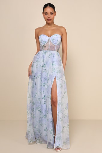 Charming Sweetness Periwinkle Floral Organza Bustier Maxi Dress 2