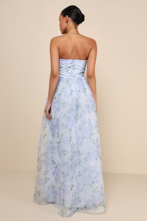 Lulus Charming Sweetness Periwinkle Floral Organza Bustier Maxi Dress In Blue