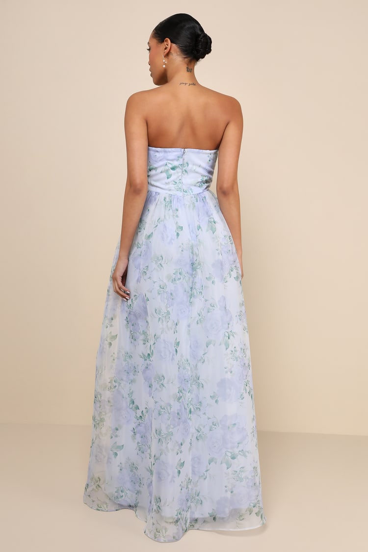 Charming Sweetness Periwinkle Floral Organza Bustier Maxi Dress