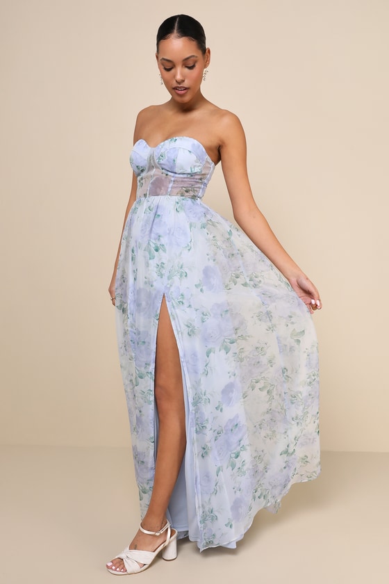 Lulus Charming Sweetness Periwinkle Floral Organza Bustier Maxi Dress In Blue