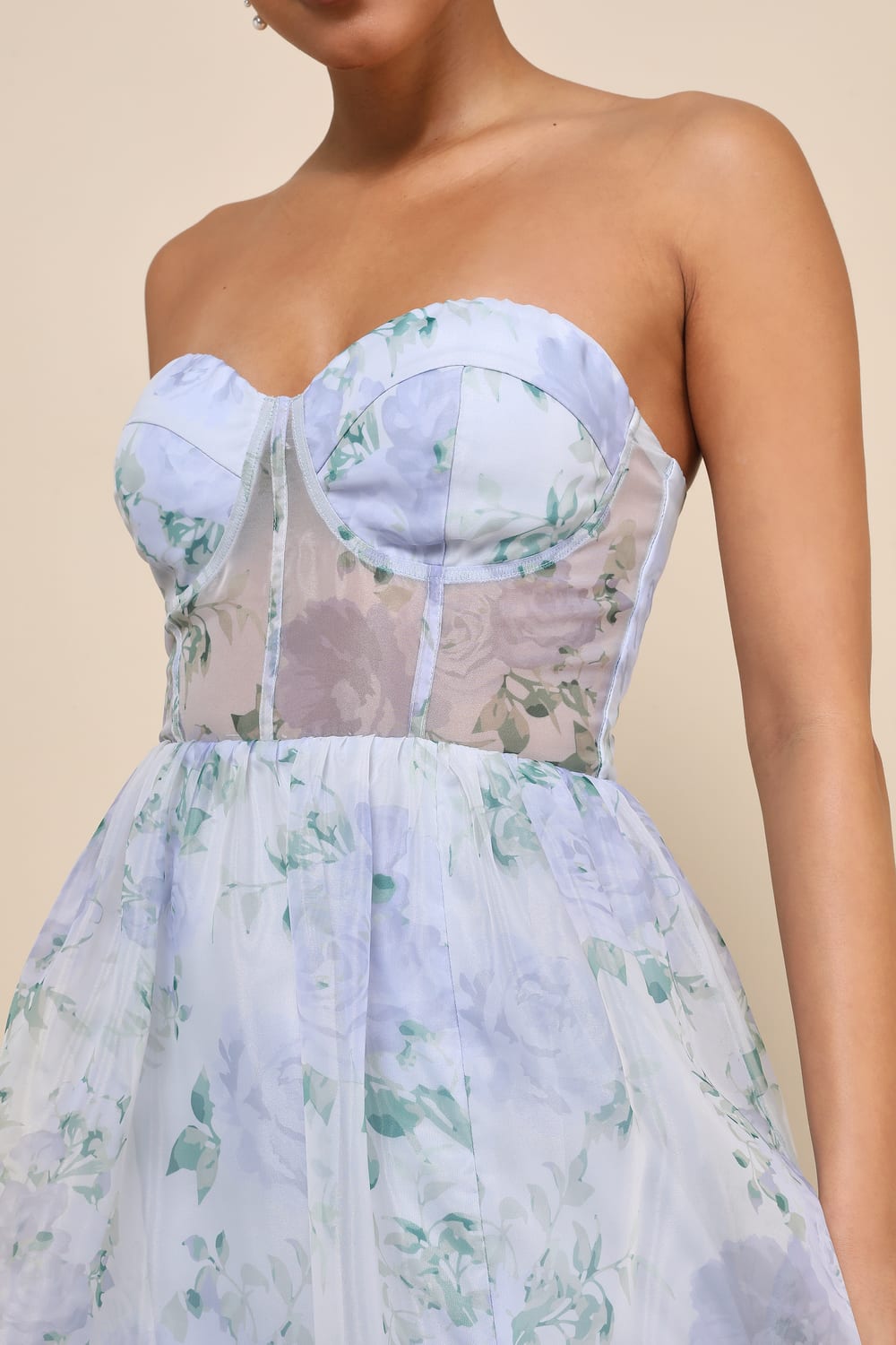 Charming Sweetness Periwinkle Floral Organza Bustier Maxi Dress