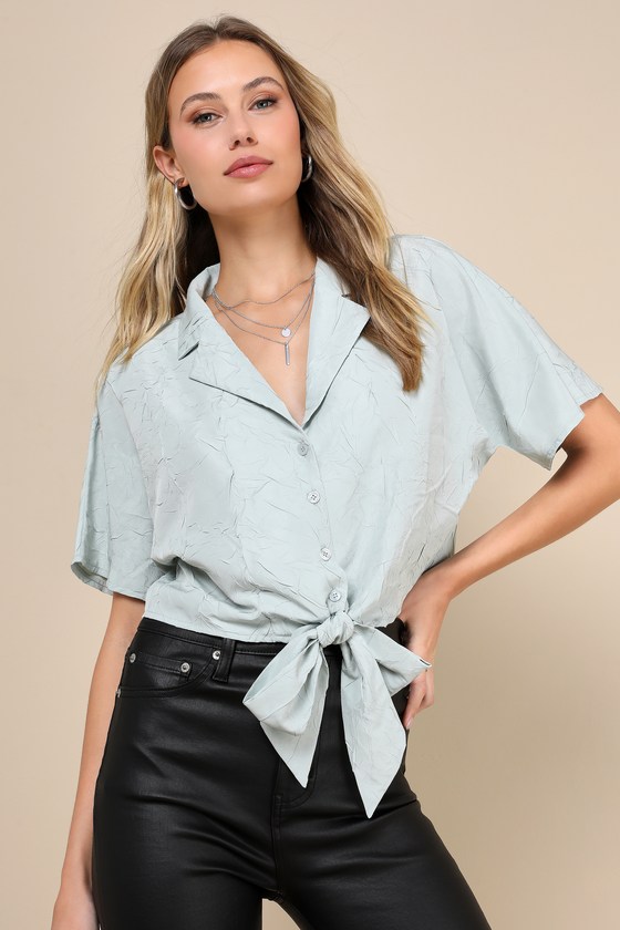 Lulus Adorable Performance Sage Crinkled Tie-front Button-up Top In Green