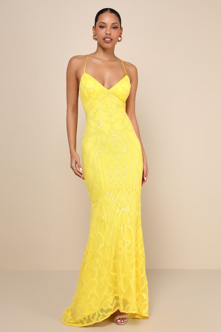Perfect Enchantment Yellow Sequin Lace-Up Mermaid Maxi Dress