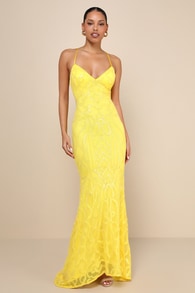 Perfect Enchantment Yellow Sequin Lace-Up Mermaid Maxi Dress