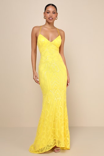 Perfect Enchantment Yellow Sequin Lace-Up Mermaid Maxi Dress 4