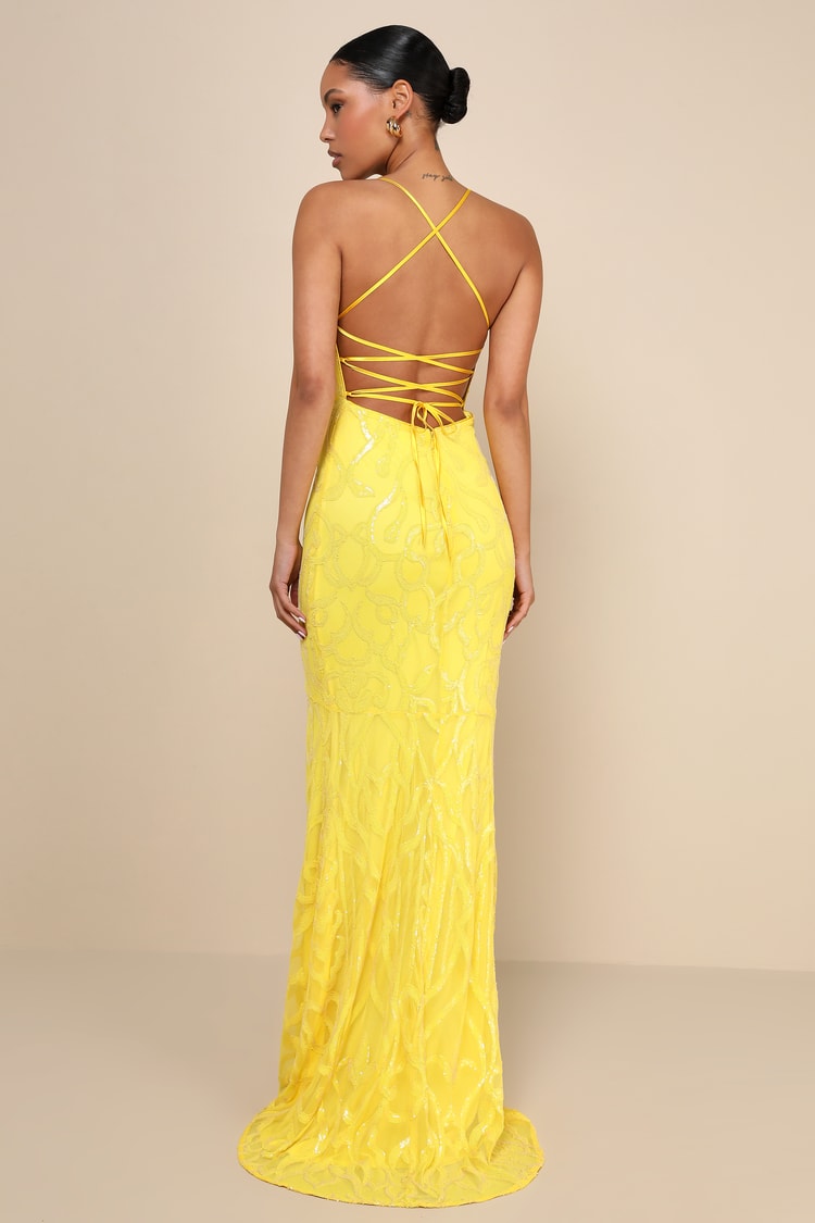 Perfect Enchantment Yellow Sequin Lace-Up Mermaid Maxi Dress