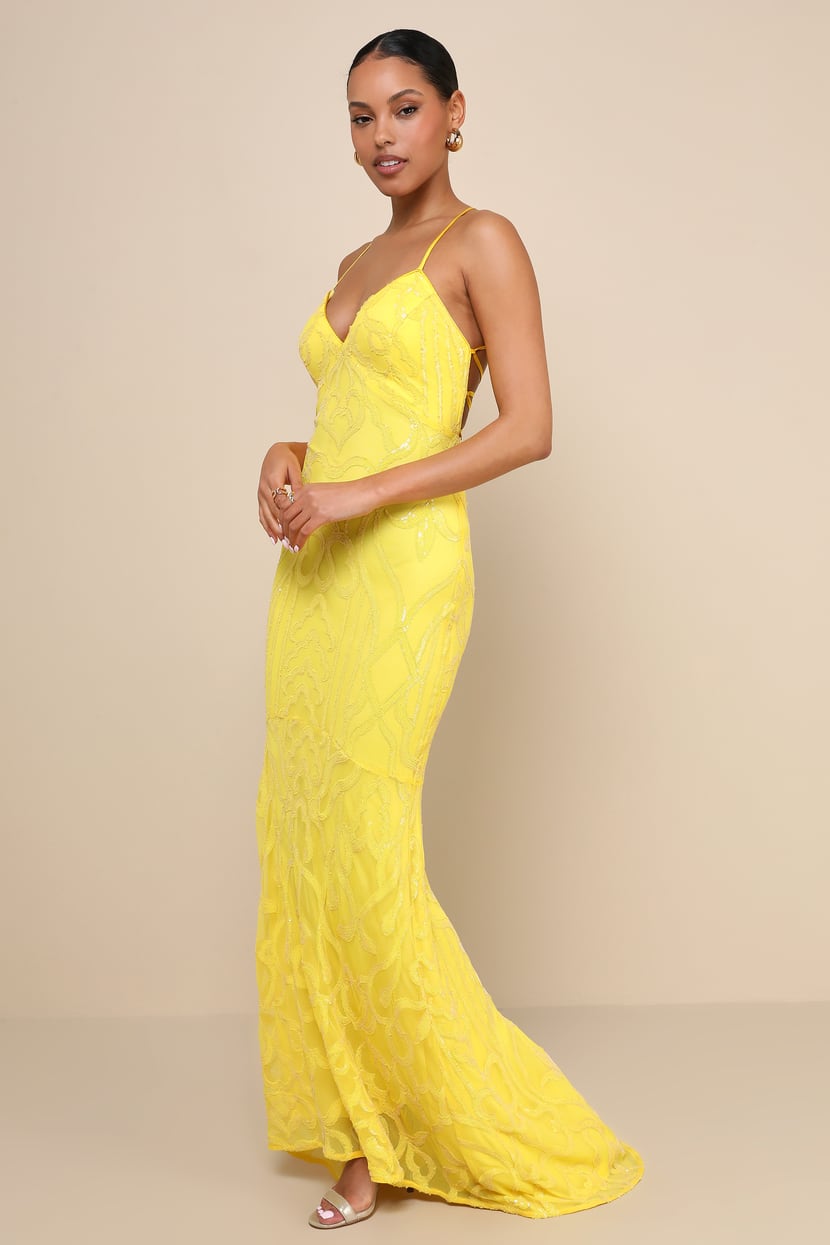 Perfect Enchantment Yellow Sequin Lace-Up Mermaid Maxi Dress