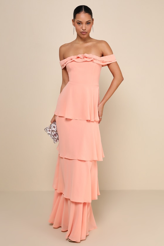 Delightful Essence Peach Off-the-Shoulder Tiered Maxi Dress 1