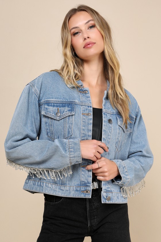 Shop Lulus Glamorous Destiny Light Wash Rhinestone Denim Jacket In Blue