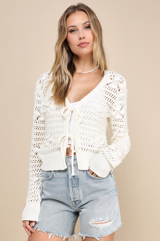Shop Lulus Perfect Direction Ivory Crochet Tie-front Cardigan Sweater